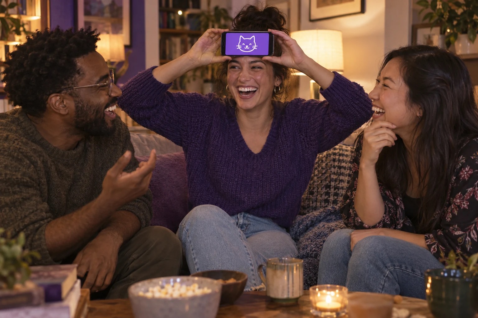 Illustrative scene of friends laughing during a forehead guessing game.