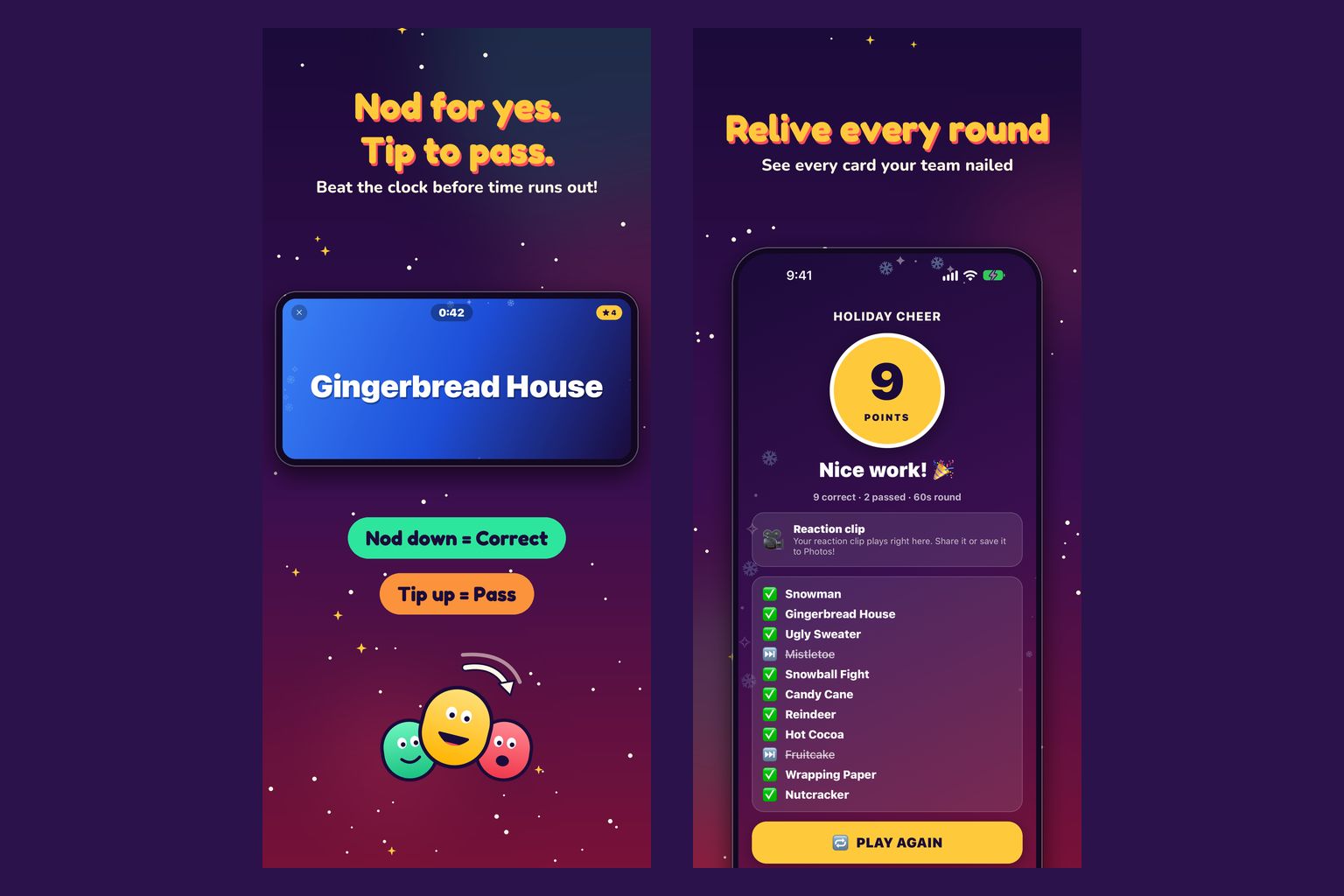 Nod Squad App Store screenshots: a gameplay card reading Gingerbread House, and the results screen after a round.