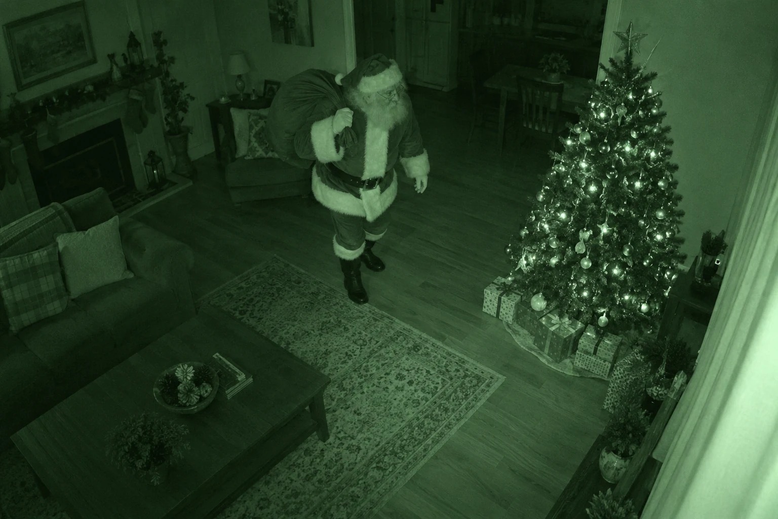Illustrative green night-vision scene of Santa delivering presents beside a Christmas tree.